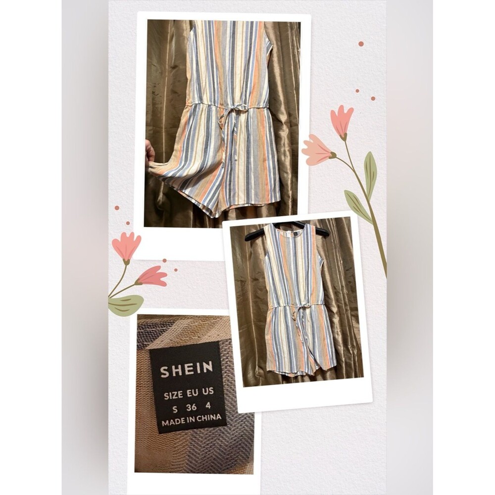 SHEIN Striped Sleeveless Mini Romper in Blue, Peach & White #1921
